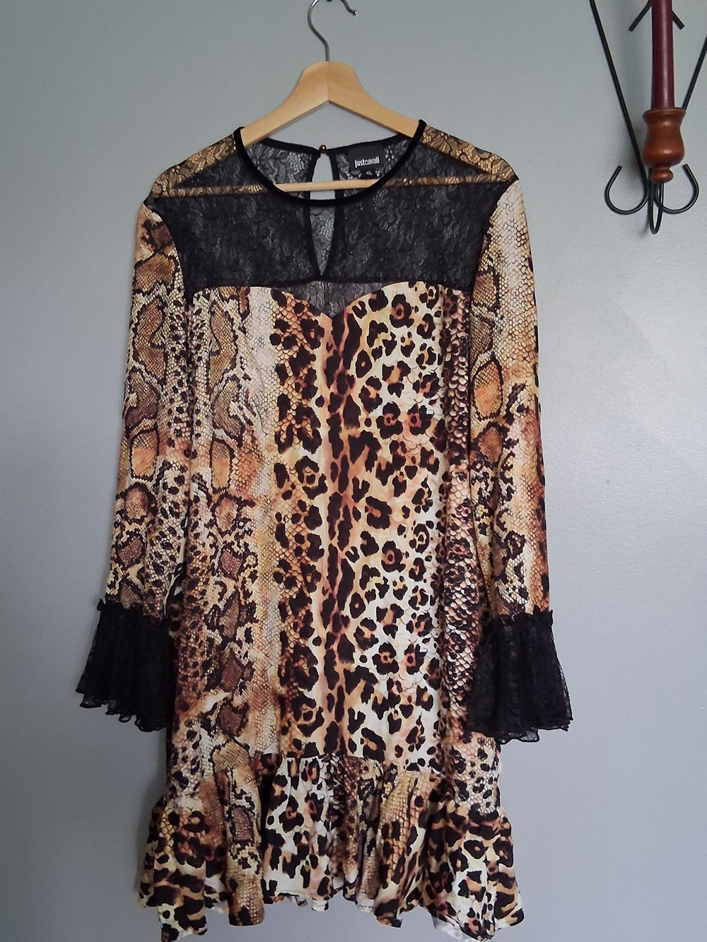 Animal Print Lace-Trim Midi Dress in Brown